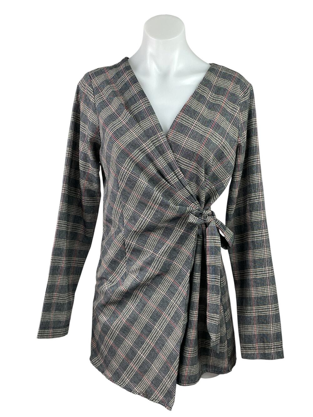 Favlux Women's Gray Plaid Houndstooth Long Sleeve Wrap Ramper Shorts Size M
